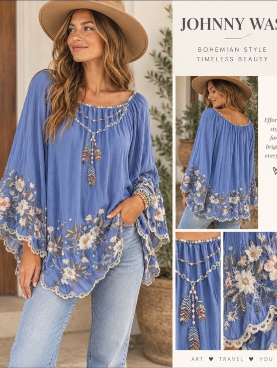 Johnny Was Tops - Johnny Was Indina Blouse Small Blue Floral Embroidered Boho Poncho Chic